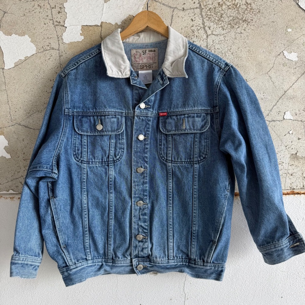 Vtg 90s Esprit Denim Trucker Jacket Corduroy Collar Md Wash Oversized 90s Grunge